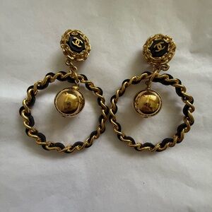 CHANEL Gold and Black Chain Hoop Earrings
